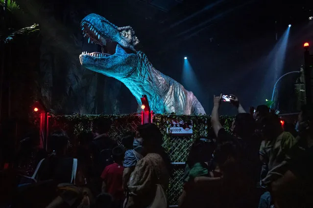 Dinosaur model tyrannosaurus rex is being displayed in the Jurassic World Film Exhibition on June 25, 2022 in Guangzhou, Guangdong Province of China. (Photo by Stringer/Anadolu Agency via Getty Images)