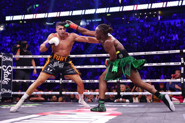 KSI (Olajide Olayinka Williams) and Tommy Fury exchange punches during the Misfits Cruiserweight fight between KSI (Olajide Olayinka Williams) and Tommy Fury at AO Arena on October 14, 2023 in Manchester, England. (Photo by Matt McNulty/Getty Images)