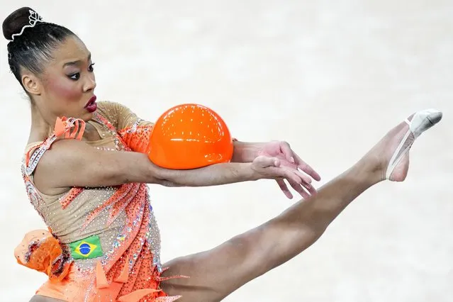 Brazil's Geovanna Santos competes in the gymnastics rhythmic individual ball final at the Pan American Games in Santiago, Chile, Friday, November 3, 2023. (Photo by Esteban Felix/AP Photo)