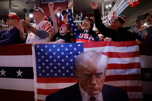 Supporters of Republican presidential candidate and former President Donald Trump cheer during a campaign rally at the Rochester Opera House on January 21, 2024 in Rochester, New Hampshire. Trump is campaigning ahead of New Hampshire's first-in-the-nation state primary on Tuesday. (Photo by Chip Somodevilla/Getty Images)