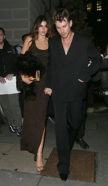 American actor Austin Butler and Kaia Gerber leaving The Dune 2 Film Premier Afterparty, London hand in hand on February 15, 2024. (Photo by WP Pix/Splash News and Pictures)