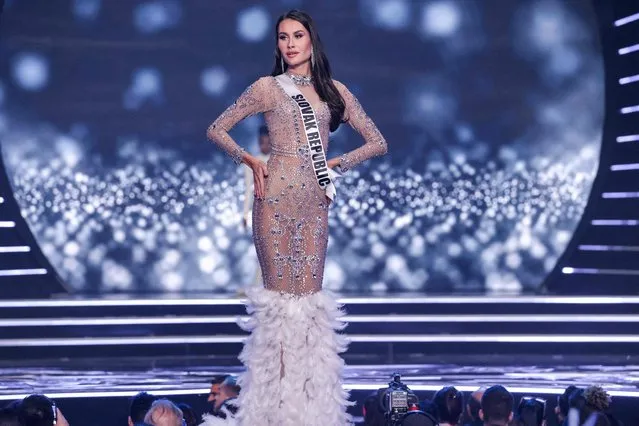 Miss Slovakia, Veronika Scepankova, presents herself on stage during the preliminary stage of the 70th Miss Universe beauty pageant in Israel's southern Red Sea coastal city of Eilat on December 10, 2021. (Photo by Menahem Kahana/AFP Photo)