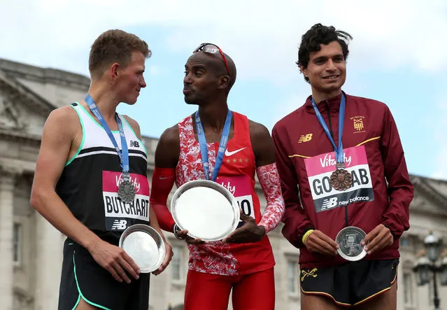 Andy Butchart, Sir Mo Farah, Nick Goolab during the Vitality London 10K, in London, United Kingdom, on May 27, 2019. (Photo by Paul Harding/PA Wire Press Association)