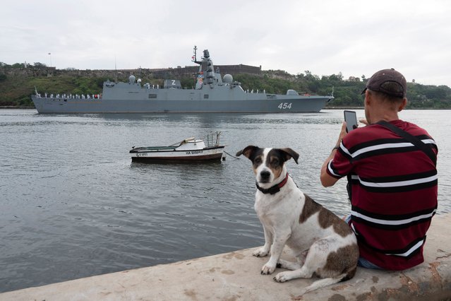A man sits with his dog as Russian frigate Admiral Gorshkov enters Havana’s bay, Cuba, on June 12, 2024. (Photo by Alexandre Meneghini/Reuters)