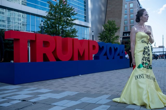 Sara Brady, of Idaho, stands outside the Fiserv Forum during the Republican National Convention in Milwaukee on July 16, 2024. (Photo by Joel Angel Juarez/The Washington Post)