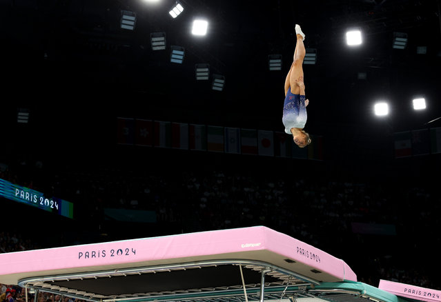 Jessica Stevens of Team United States competes during the Trampoline Gymnastics Women's Qualification on day seven of the Olympic Games Paris 2024 at Bercy Arena on August 02, 2024 in Paris, France. (Photo by Jamie Squire/Getty Images)