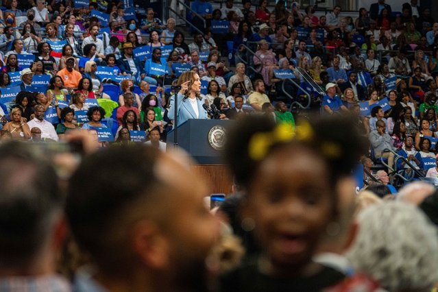 Vice President Kamala Harris, the presumptive Democratic presidential nominee, speaks at a campaign event in Atlanta on Tuesday, July 30, 2024. (Photo by Matthew Pearson/WABE)