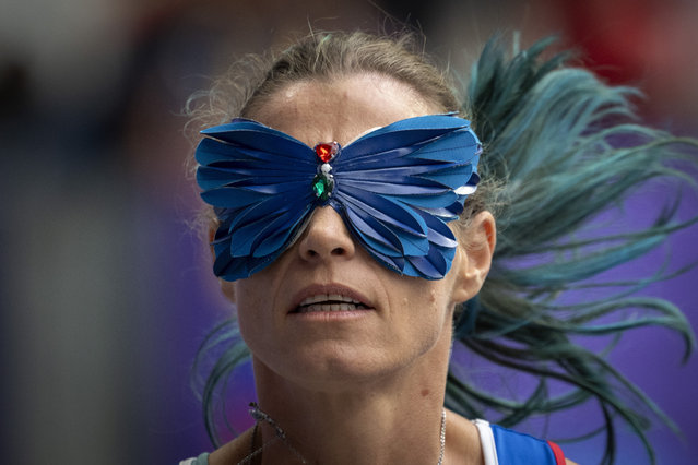 Paralympic athlete Arjola Dedaj, of Italy, competes at Women's Long Jump -T11, in the Stade de France stadium, during the 2024 Paralympics, Friday, August 30, 2024, in Paris, France. (Photo by Emilio Morenatti/AP Photo)