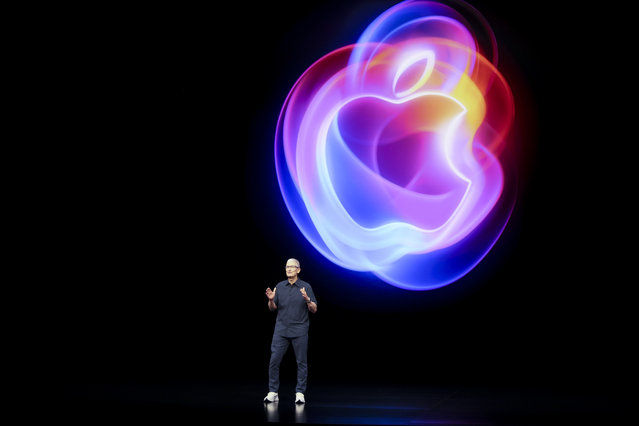 Apple CEO Tim Cook talks on the stage during an announcement of new products at Apple headquarters Monday, September 9, 2024, in Cupertino, Calif. (Photo by Juliana Yamada/AP Photo)