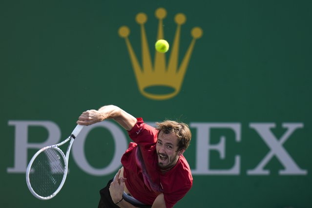 Daniil Medvedev of Russia serves against Stefanos Tsitsipas of Greece during the men's singles fourth round match in the Shanghai Masters tennis tournament at Qizhong Forest Sports City Tennis Center in Shanghai, China, Wednesday, October 9, 2024. (Photo by Andy Wong/AP Photo)