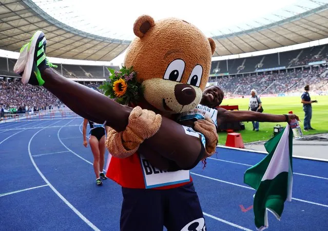 Nigeria's Tobi Amusan celebrates after winning the women's 100m hurdles event of the ISTAF Berlin Internationales Stadionfest annual track and fields athletics meeting at the Olympic Stadium in Berlin on September 4, 2022. (Photo by Fabrizio Bensch/Reuters)
