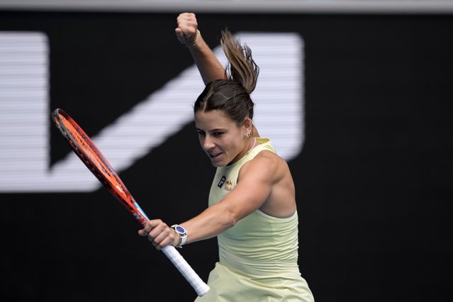 Emma Navarro of the U.S. celebrates after defeating Wang Xiyu of China during their second round match at the Australian Open tennis championship in Melbourne, Australia, Thursday, January 16, 2025. (Photo by Ng Han Guan/AP Photo)