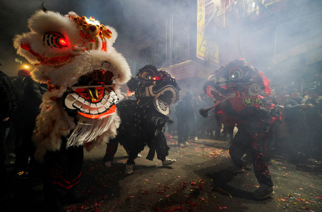 Dancers wearing lion costumes perform during a midnight Lunar New Year celebration, marking the Year of the Snake, in New York City's Chinatown section, in Manhattan, on January 29, 2025. (Photo by Adam Gray/Reuters)