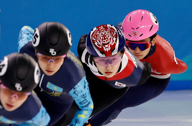 South Korea’s Choi Minjeong (third from left) in action with fellow athletes during the women’s 1000m quarter final of the short-track speed skating at the x2025 Asian Winter Games in Harbin, China on February 9, 2025. (Photo by Tingshu Wang/Reuters)