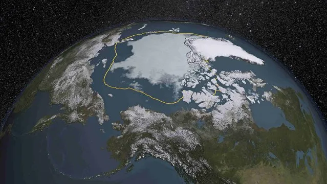 The 2015 Arctic sea ice summertime minimum is 699,000 square miles below the 1981-2010 average, shown here as a gold line in this visual representation of a NASA analysis of satellite data released September 14, 2015.  The 2015 Arctic sea ice minimum extent is the fourth lowest on record since observations from space began, according to NASA. (Photo by Reuters/NASA/Goddard Scientific Visualization Studio)