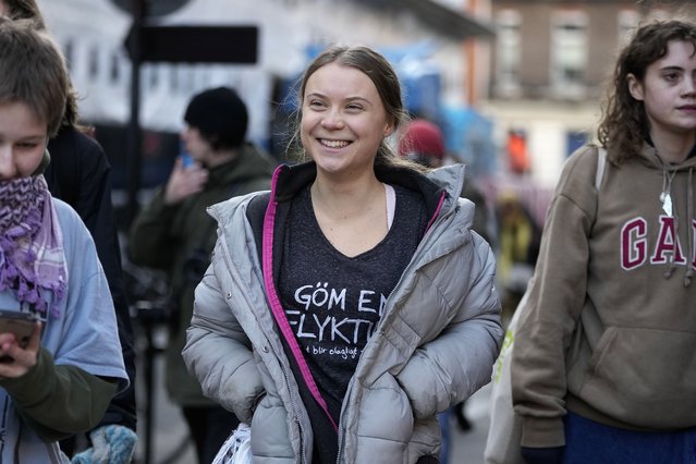 Environmental activist Greta Thunberg leaves Westminster Magistrates Court in London, Thursday, February 1, 2024. Climate activist Greta Thunberg is on trial for protesting outside a major oil and gas industry conference in London last year. (Photo by Kin Cheung/AP Photo)