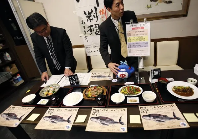 Staff members of Ministry of Economy, Trade and Industry prepare for whale meat tasting during a whale meat promotion event at a restaurant in the ministry in Tokyo November 19, 2014. Japanese government officials lunched on whale meat on Wednesday in a bid to promote Japan's new plan to resume whale hunting in the Southern Ocean, ruled out once by the International Court of Justice (ICI) earlier this year. (Photo by Issei Kato/Reuters)