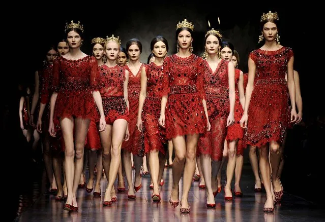 Models wear creations for Dolce & Gabbana women's Fall-Winter 2013-14 collection, during Milan Fashion Week, on February 24, 2013. (Photo by Giuseppe Aresu/Associated Press)