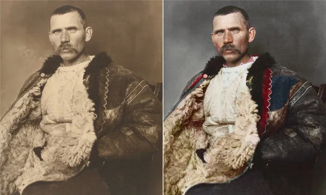 A Romanian shepherd circa 1906 wearing a traditional shepherd’s cloak known as sarică, made from three or four sheepskins sewn together with the fleece facing outward. The garment was generally extended to below the knee and could be used as a pillow when sleeping outdoors. (Photo by Augustus Francis Sherman/New York Public Library/The Guardian)