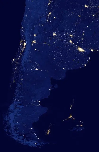 The southern tip of South America glitters at night in an image from the Suomi NPP satellite that was captured in April 2012 and made public on March 22, 2013. Off the coast, the lights of a huge fleet of shrimp boats can be seen, right along the maritime border that separates Argentina, the Falkland Islands and international waters. Scientists say this unmanaged fleet is threatening the South Atlantic marine ecosystem by depleting squid, which are key to a food chain that provides sustenance for penguins, seals, birds and whales. (Photo by NASA’s Suomi Polar-orbiting Partnership via AP)