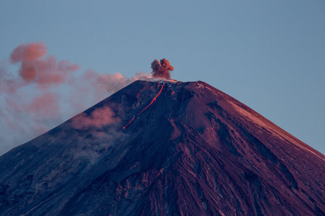 A view of Klyuchevskaya Volcano on the Kamchatka Peninsula in the Russian Far East on June 10, 2020. Rising to a height of 4,750 m, Klyuchevskaya Volcano is the highest active volcano in Eurasia and one of the world's most active volcanoes. Part of the Klyuchevskaya Volcano Group, the volcano is located 30 km away from the village of Klyuchi, Ust-Kamchatsky District, on the right bank of the Kamchatka River, 360 km away from the city of Petropavlovsk-Kamchatsky. Klyuchevskaya Volcano's latest eruptive period began in October 2019. (Photo by Yelena Vereshchaka/TASS)