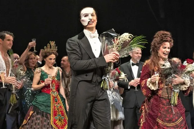 “The Phantom of the Opera” cast appear at the curtain call following the final Broadway performance at the Majestic Theatre on Sunday, April 16, 2023, in New York. (Photo by Charles Sykes/Invision/AP Photo)