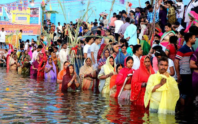 Indian Hindu devotees perform rituals in Upper Lake as they worship the setting sun while celebrating Chhath Pooja festival in Bhopal, India, 06 November 2016. “Chhath Pooja” is a worship of the setting and rising Sun and is dedicated to Chhatti Mai (Goddess of Power). The festival is seen as a serene event when bejewelled women in colourful saris visit the banks of rivers and ponds, singing folk songs and take a dip in the water and pray to the Sun god. (Photo by Sanjeev Gupta/EPA)