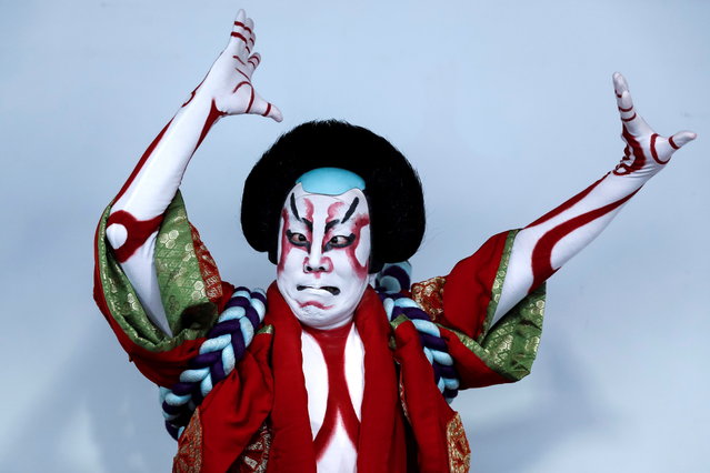 One of the actors of the “Heisei Nakamuraza” Japanese kabuki theater company poses for a picture at the Canal Theater in Madrid, Spain, 25 June 2018. The company will perform in Spain for the first time on occasion of the 150 anniversary of Spain's bilateral ties with Japan. (Photo by Emilio Naranjo/EPA/EFE)