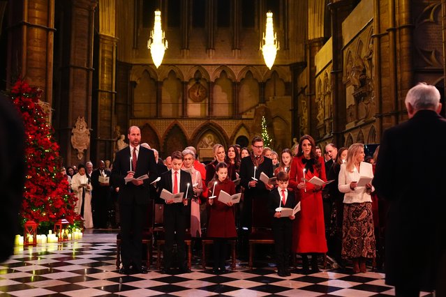The Prince of Wales, Prince George, Princess Charlotte, Prince Louis and the Princess of Wales joined the Together At Christmas carol service in Westminster Abbey on December 24, 2024. (Photo by Aaron Chown/PA Wire)
