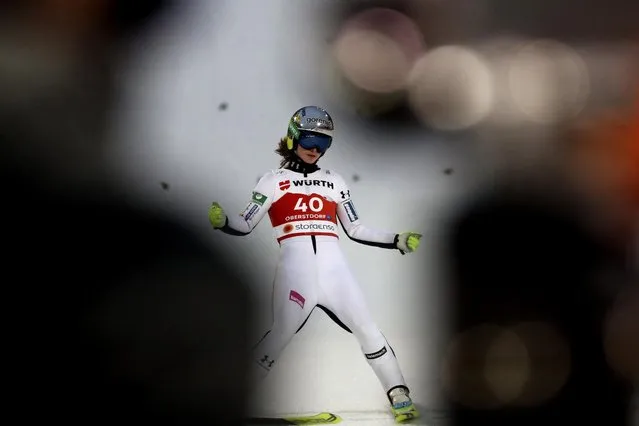 Slovenia's Nika Kriznar reacts at the end of her run during the WSC Women's HS137 Large Hill jumping event at the FIS Nordic World Ski Championships in Oberstdorf, Germany, Wednesday, March 3, 2021. (Photo by Matthias Schrader/AP Photo)