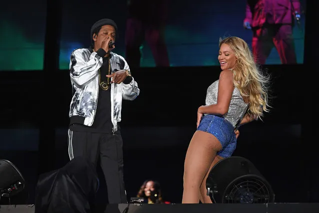 Jay-Z (L) and Beyonce perform on stage during the “On the Run II” tour opener at FirstEnergy Stadium on July 25, 2018 in Cleveland, Ohio. (Photo by Larry Busacca/PW18/Getty Images for Parkwood Entertainment)
