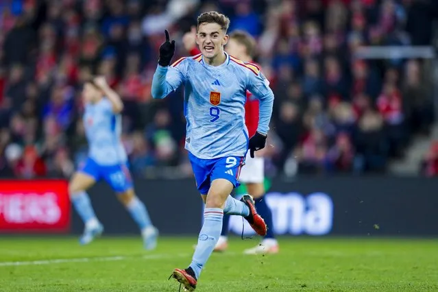 Spain's Gavi celebrates the 0-1 goal during the UEFA EURO 2024 group A qualifying soccer match between Norway and Spain, in Oslo, Norway, 15 October 2023. (Photo by Frederik Ringnes/EPA)