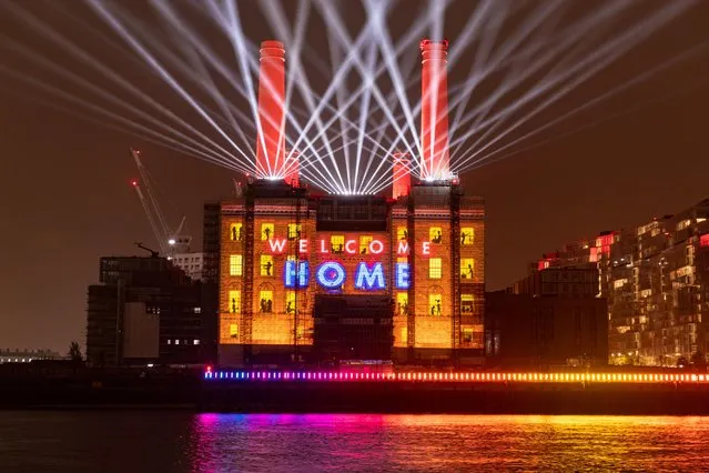 Light projections are seen on the architecture as Battersea Power Station celebrates handing over the keys to the Grade II listed building's first residents this week with an exciting projection show, performances from the London Symphony Orchestra and Battersea Power Station at Battersea Power station on May 24, 2021 in London, England. (Photo by Ian Gavan/Getty Images for Battersea Power Station Development Company)