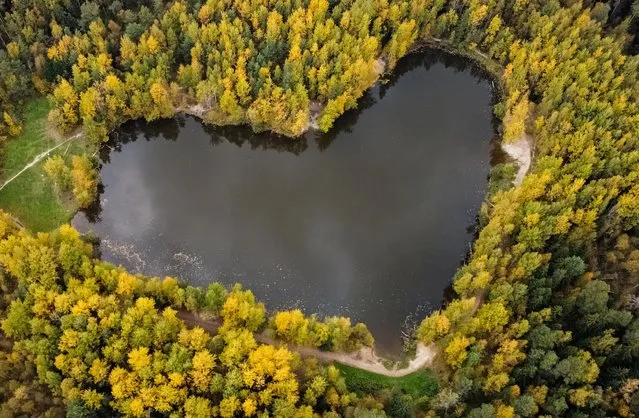 A lake in a shape of a heart is seen surrounded by autumn-coloured trees outside Balashikha, Moscow region, Russia on October 4, 2021. (Photo by Maxim Shemetov/Reuters)