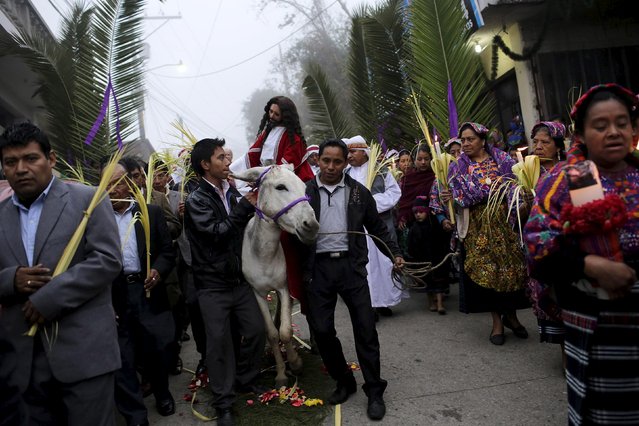Men carry a statue of Jesus Christ on the back of a donkey during the Catholic Palm Sunday procession on the streets of San Pedro Sacatepequez, Guatemala, March 20, 2016. (Photo by Saul Martinez/Reuters)