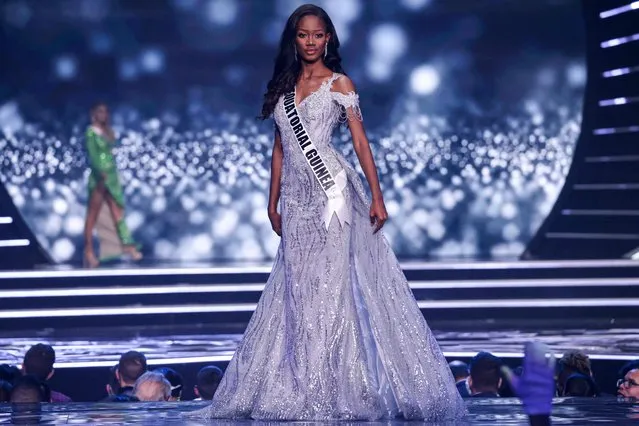 Miss Equatorial Guinea, Chelsea Martina Mituy, presents herself on stage during the preliminary stage of the 70th Miss Universe beauty pageant in Israel's southern Red Sea coastal city of Eilat on December 10, 2021. (Photo by Menahem Kahana/AFP Photo)