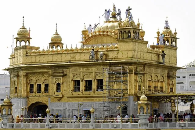 Volunteers of Guru Nanak Nishkam Sewak Jatha from Birmingham, clean the gold plating of the Golden Temple in Amritsar on March 21, 2022. (Photo by Narinder Nanu/AFP Photo)