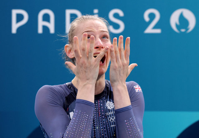 Bryony Page of Great Britain celebrates winning gold during the women’s trampoline final at Bercy Arena in Paris, France on August 02, 2024. (Photo by Amanda Perobelli/Reuters)