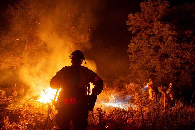 Cal Fire firefighters tackle the Bridge Fire threatening mountain communities northeast of Los Angeles, in Wrightwood, California, on September 11, 2024. (Photo by Ringo Chiu/Reuters)