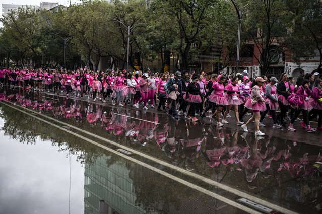 Runners participating in the “Barbie Run” race in the 3K, 5K, and 10K modalities run by a puddle of water along Reforma Avenue in Mexico City on October 6, 2024. (Photo by Yuri Cortez/AFP Photo)