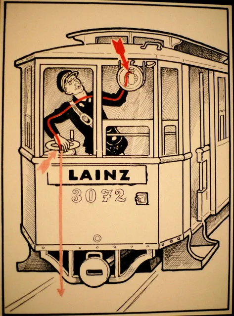 The book “Elektroschutz in 132 Bildern” (Electrical Protection in 132 Pictures) was published in Vienna in the early 1900s by a Viennese physician named Stefan Jellinek (1878-1968, a founder of the Electro-Pathological Museum). The pictures are nice and direct and unambiguous; they teach, graphically, that the surest way to kill yourself with electricity is to form a complete path from source (usually the bright red arrow) to ground (the screened back, pink arrow). Arrowheads provide the path for current flow. (Photo by The Vienna Technical Museum)