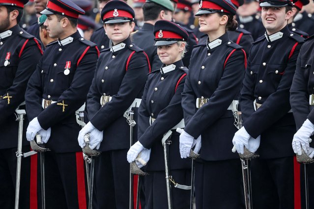 Officer cadets prepare to take part in the sovereign’s parade, marking the end of 44 weeks of training at the Royal Military Academy Sandhurst in Berkshire, UK on December 13, 2024. The ceremony takes place three times a year. Most of those who completed commissioning course 241 will serve in the British army but there were also 28 international cadets from 18 countries. (Photo by Times photographer Richard Pohle)