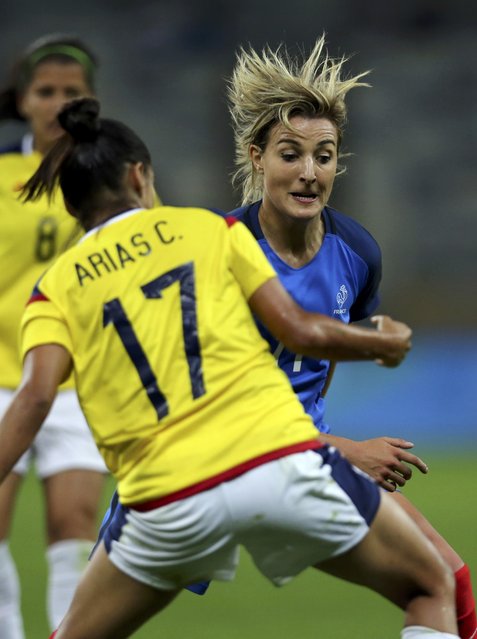 2016 Rio Olympics, Soccer, Preliminary, Women's First Round, Group G France vs Colombia, Mineirao, Belo Horizonte, Brazil on August 3, 2016. Carolina Arias (COL) of Colombia and Claire Lavogez (FRA) of France in action. (Photo by Mariana Bazo/Reuters)