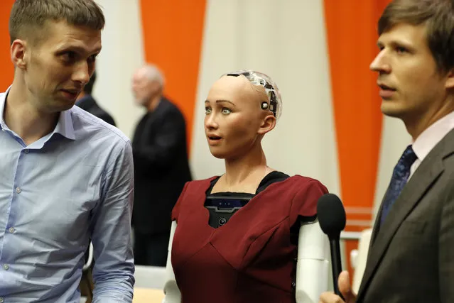 Sophia, a life-like humanoid robot is pictured at the UN headquarters in New York, USA on October 11, 2017. Sophia was here attending a meeting on artificial intelligence “The Future of Everything – Sustainable Development in the Age of Rapid Technological Change”. (Photo by Xinhua News Agency/Rex Features/Shutterstock)