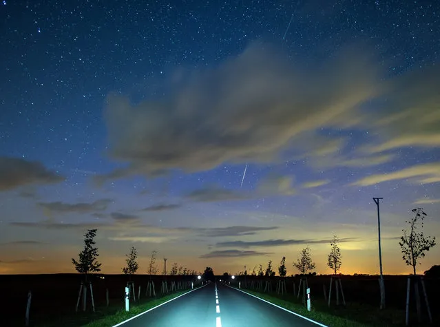 A photo made available 08 September 2015 shows meteors lighting up the night sky above a road near Lietzen, Germany, 07 September 2015. The meteor is believed to be part of the debris of the Perseid cloud of comet Swift-Tuttle. The so-called 'Perseid shower' can be seen every year between July and October with its peak in the first and second weeks of August. (Photo by Patrick Pleul/EPA)