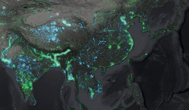 The undated satellite image shows how water and land have changed in South East Asia in the past 30 years. Green shows areas where water has been replaced by land, including by construction along the Chinese coast, while blue shows regions where land has been covered by water – such as changes in river flows or new lakes behind dams. (Photo by Reuters/Deltares)