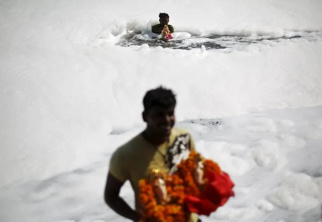 Devotees carry statues of the Hindu god Ganesh, the deity of prosperity, to be immersed into the polluted waters of the river Yamuna on the last day of the Ganesh Chaturthi festival, in New Delhi, India, September 27, 2015. Ganesh idols are taken through the streets in a procession accompanied by dancing and singing, and later immersed in a river or the sea. (Photo by Adnan Abidi/Reuters)