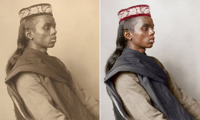 A Hindu boy circa 1911 wearing a cap – known as a topi and popular among Muslim communities – and a handspun prayer shawl. (Photo by Augustus Francis Sherman/New York Public Library/The Guardian)