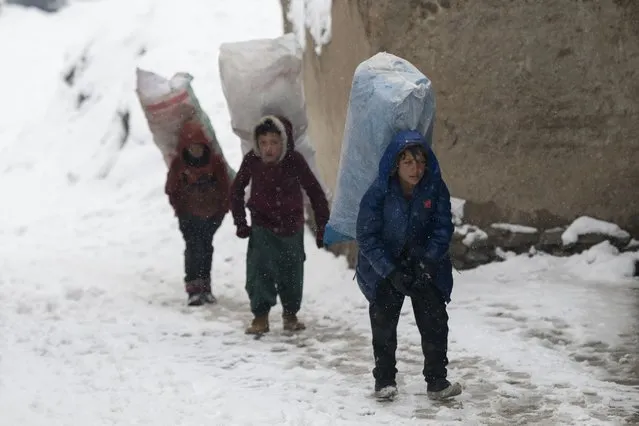 Boys carrying sacks of trash paper to be use as heating in their houses walk up a path during a snowfall in Kabul on February 9, 2023. (Photo by Wakil Kohsar/AFP Photo)