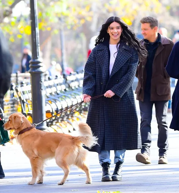 Actress Hailee Steinfeld and Jeremy Renner are seen on the set on “Hawkeye” in Washington Square Park on December 3, 2020 in New York City. (Photo by Raymond Hall/GC Images)